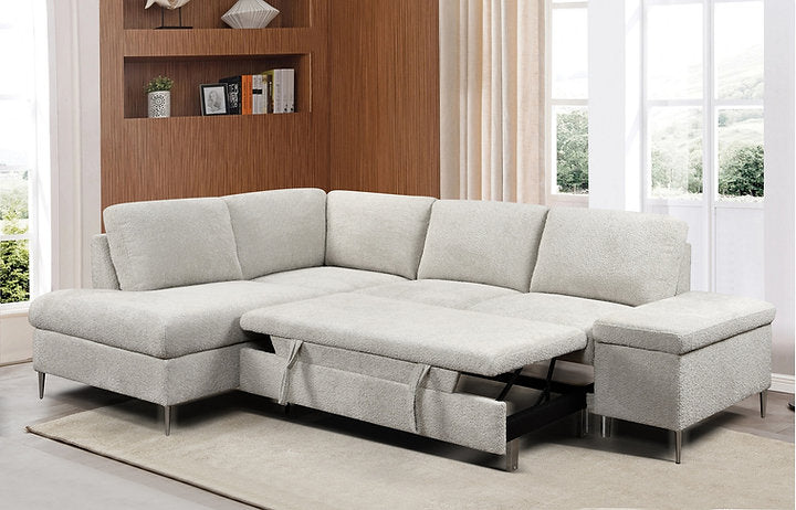 Soft Beige Boucle Fabric Left Hand Sofa Bed Sectional