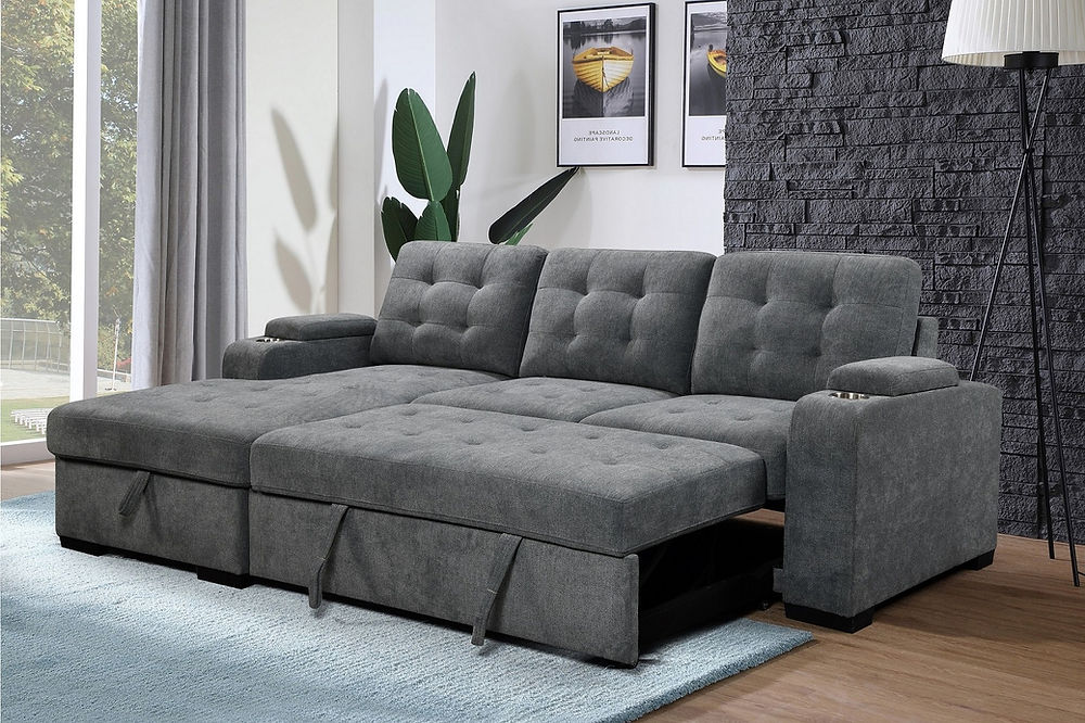 Left Hand Facing Chaise, Large Lift-Up Storage Compartment, Opens to a Bed, 2x Storage Compartments in Arms, 2x Chrome Cup Holders, Tufted Back and Seat, Soft Grey Fabric