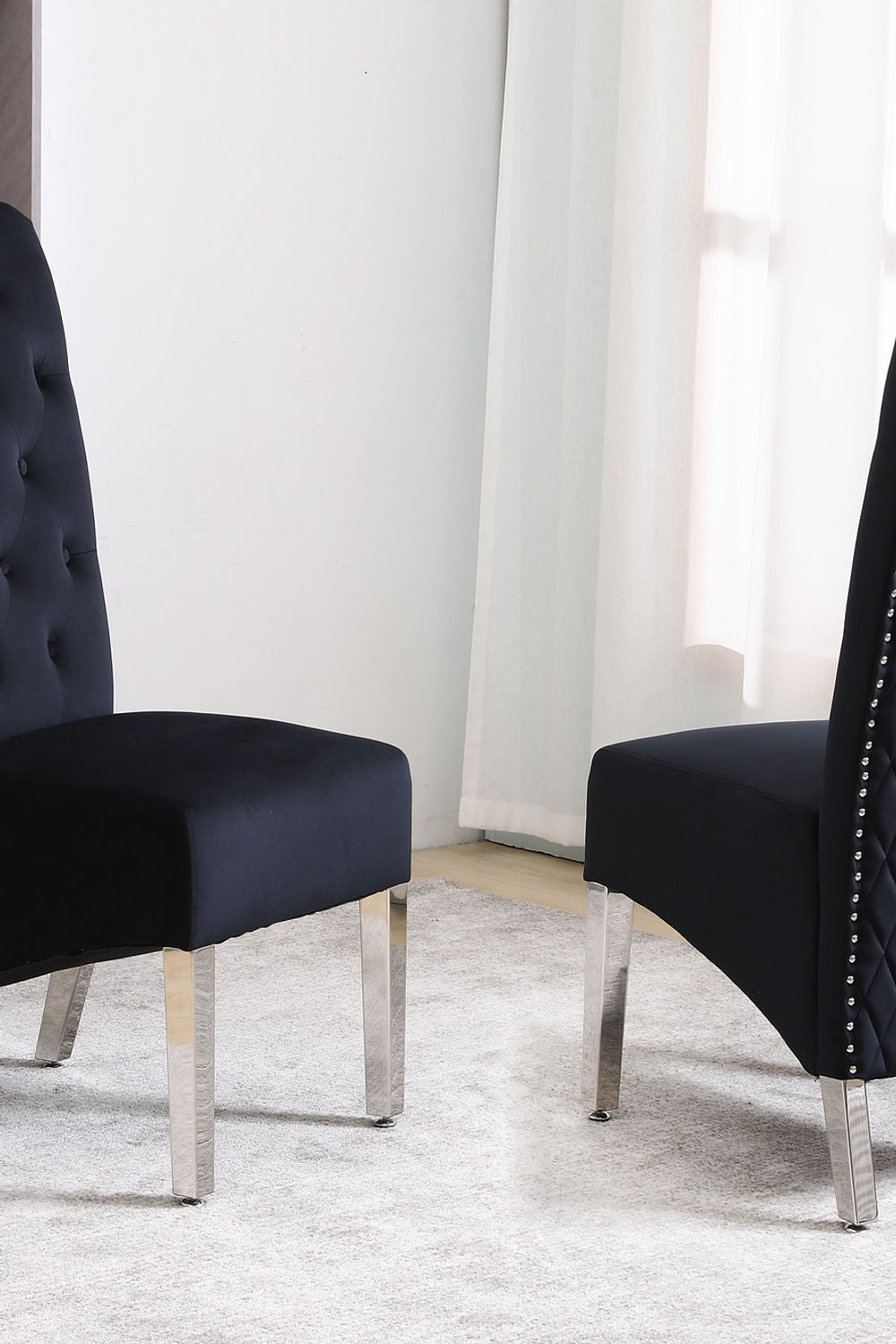 Black Velvet Dining Chair with Diamond Pattern Stitching, Chrome Legs (SET OF 2)