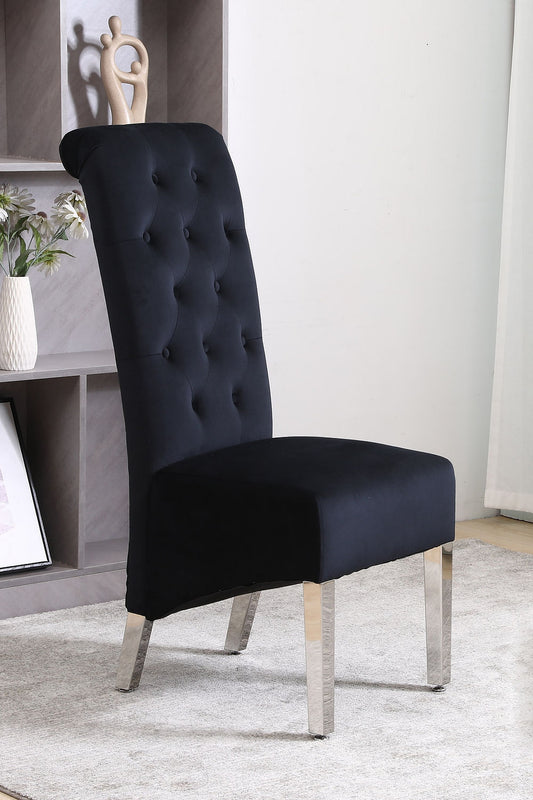 Black Velvet Dining Chair with Diamond Pattern Stitching, Chrome Legs (SET OF 2)