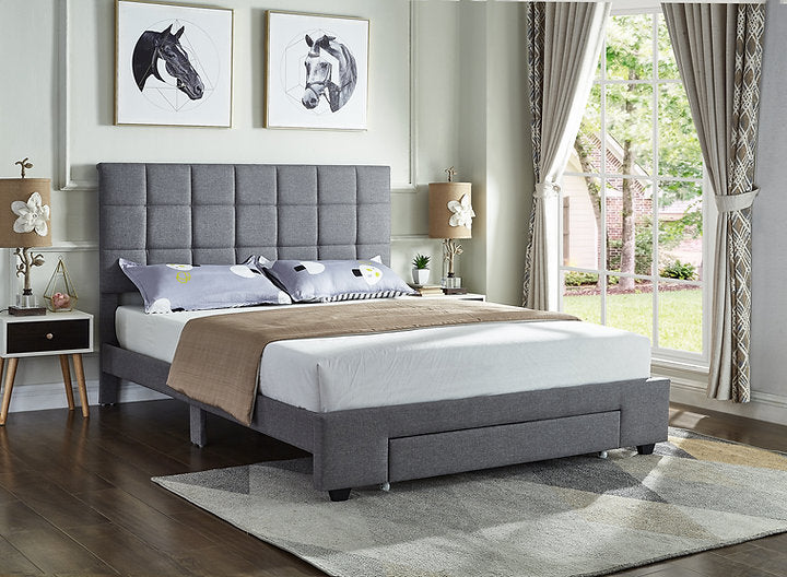 Grey Fabric Bed with a Square Pattern Tufted Headboard (Bed in a Box), Grey Fabric