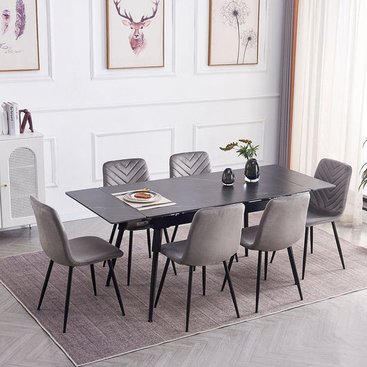 7 Pc Dinning Set, Sintered Stone Black Marble Top With Black Steel Legs with soft grey dining chairs