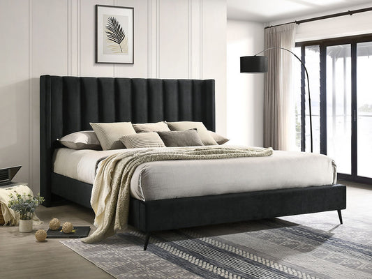 Modern Style 
Wing Bed with Deep Vertical Tufting Black Metal Legs
In Black Velvet Fabric