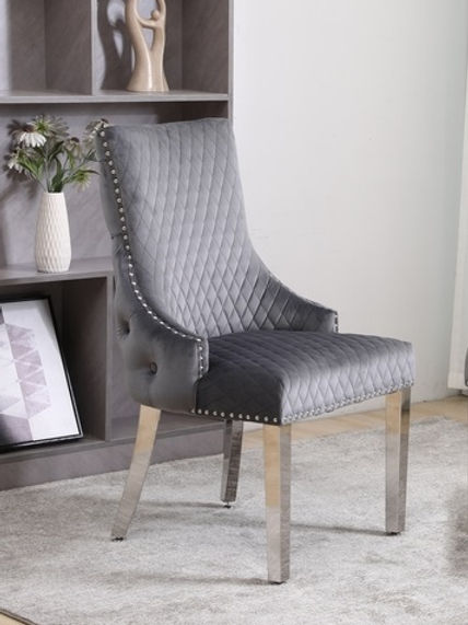 Grey Velvet Dining Chair with Diamond Pattern Stitching, Deep Tufting Back, Chrome Knocker, Polished Chrome Legs, Nail Head Details. SET OF 2