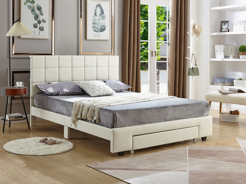 White PU Bed with a Square Pattern Tufted Headboard (Bed in a Box)