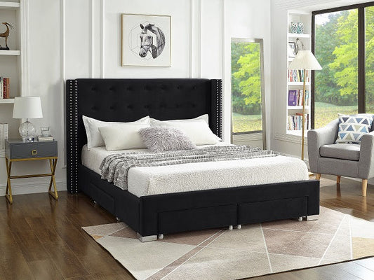 Black Grey Velvet Fabric Wing Bed with Nailhead Details and Chrome Legs. Four Pull-Out Storage Drawers