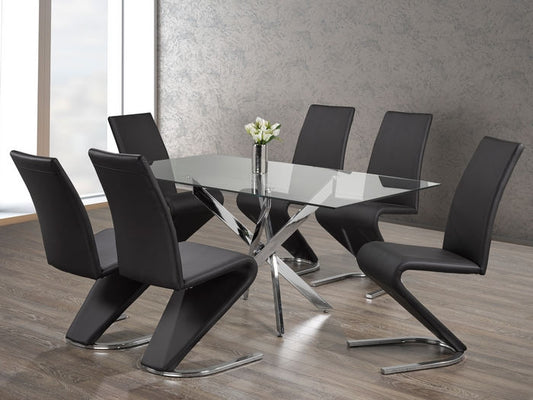 7 PC Dining Set Tempered Clear Glass with Chrome Legs, Upholstered Black ‘Z’ Shaped With Chrome Legs