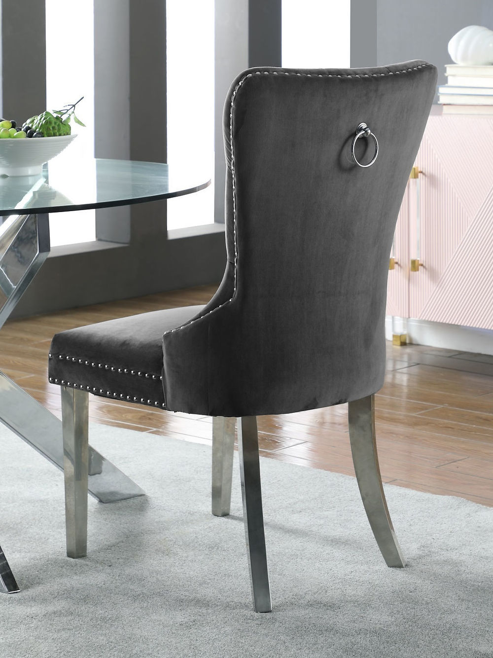 Grey Velvet Dining Chair,Chrome Knocker, Polished Chrome Frame,
Button Tufted Front Nailhead Details (SET OF 2)