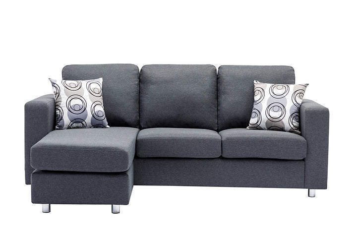 Grey Fabric Sofa, Reversible Chaise Lounge With Chrome Legs and Accent Pillows