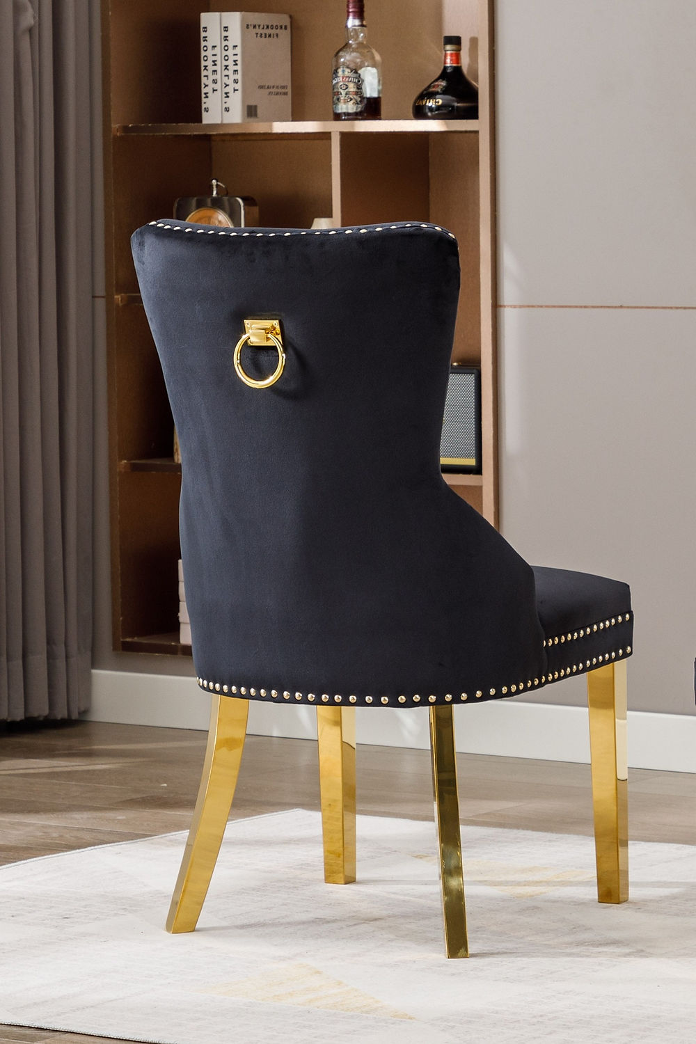 Black Velvet Tuffed Dining Accent Chair, with Gold leg. SET OF 2