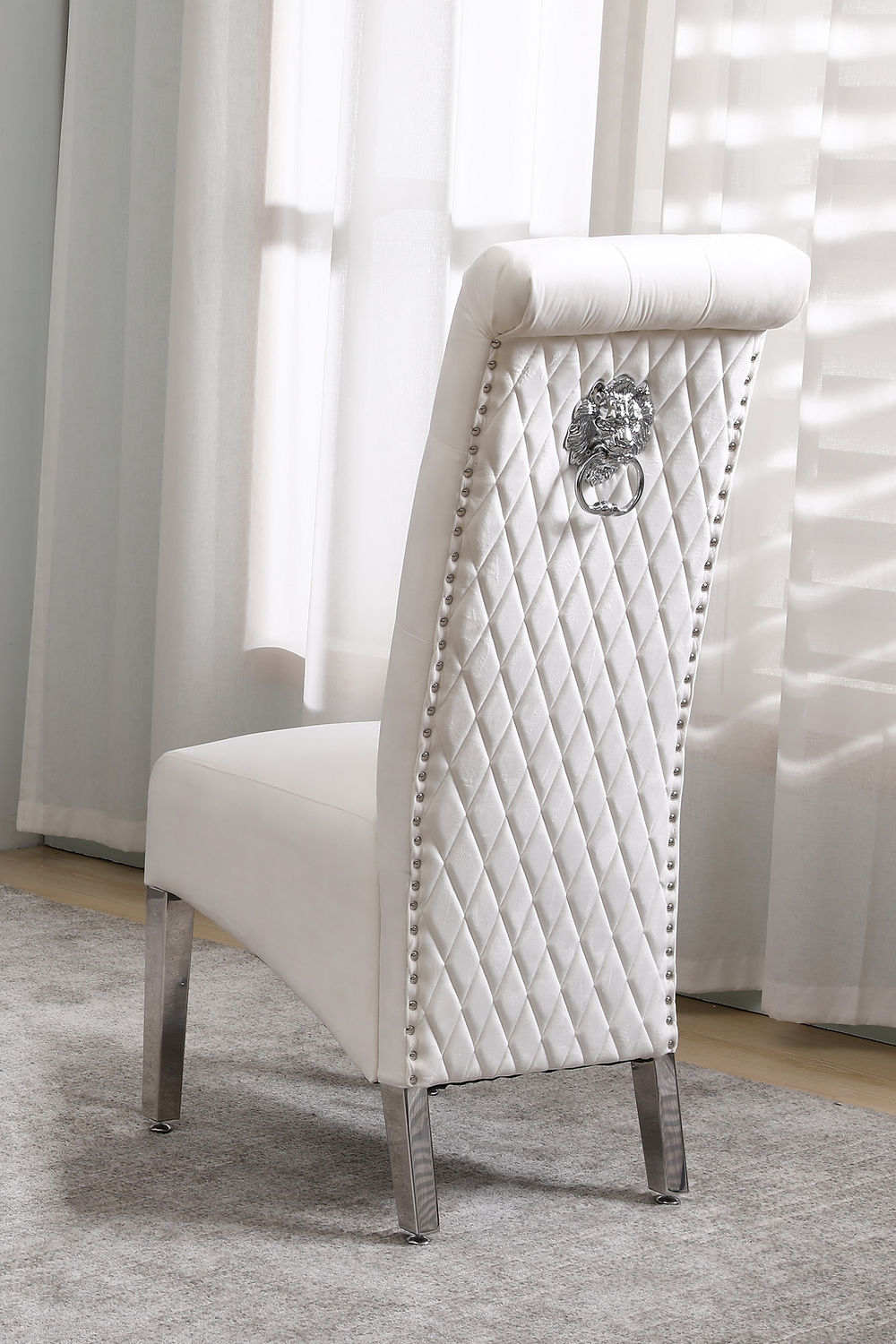 White Velvet Dining Chair with Diamond Pattern Stitching, Chrome Legs (SET OF 2)