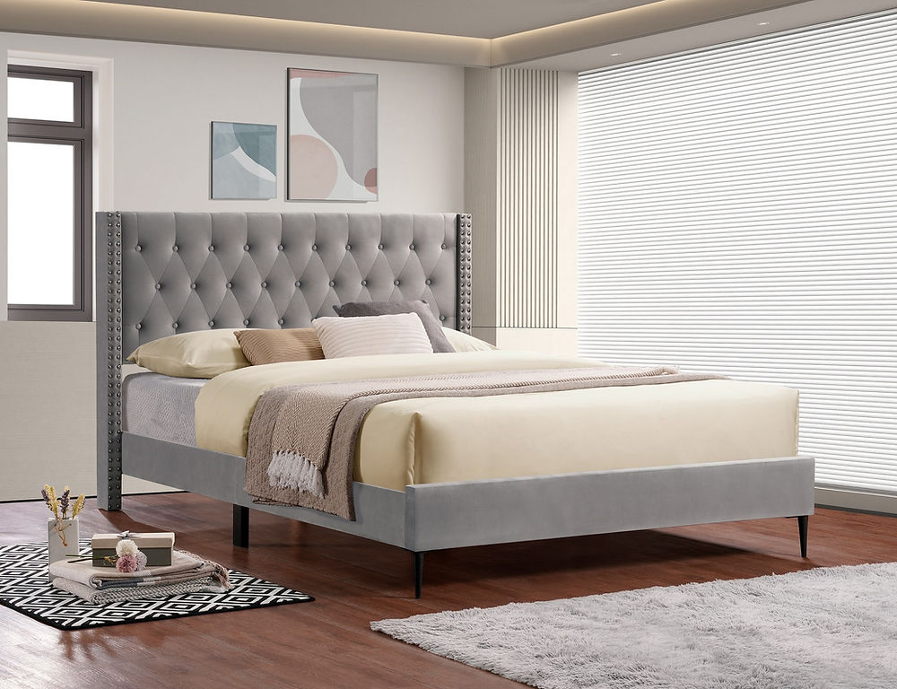 Transitional Style Bed,
Diamond Pattern Button Tufting, Wing Headboard,Chrome Nailhead Details,High Density,
Stiletto Black Metal Legs,in
Grey Velvet Fabric