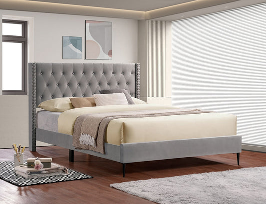 Transitional Style Bed,
Diamond Pattern Button Tufting, Wing Headboard,Chrome Nailhead Details,High Density,
Stiletto Black Metal Legs,in
Grey Velvet Fabric