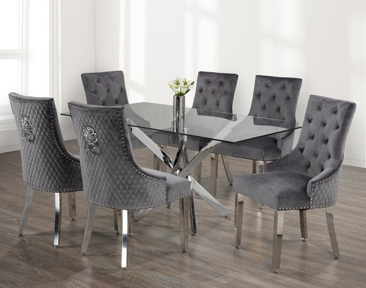 Grey Velvet 10mm Tempered Clear Glass Sturdy Chrome Legs 7 PC Dining Set