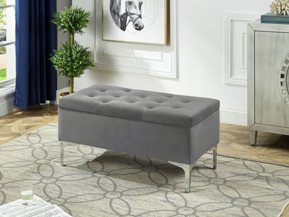 Grey Velvet Storage Bench with Deep Tufting and Chrome Legs