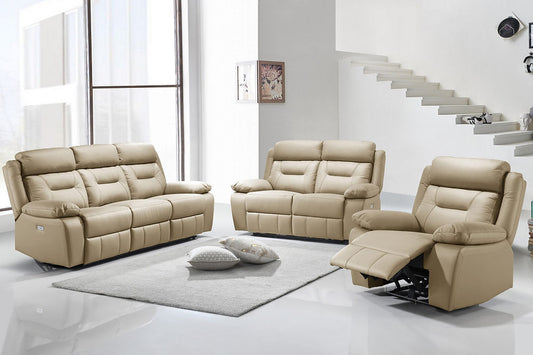 3pc Power Recliner Set,Beige Genuine Leather/Match