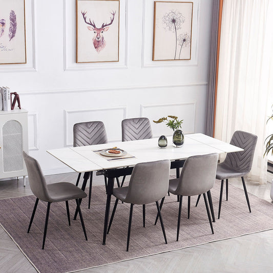 7 Pc Dinning Set, Sintered Stone White Marble Top With Black Steel Legs with soft grey dining chairs