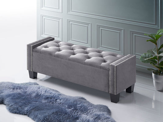 Tufted Storage Bench in Grey Velvet