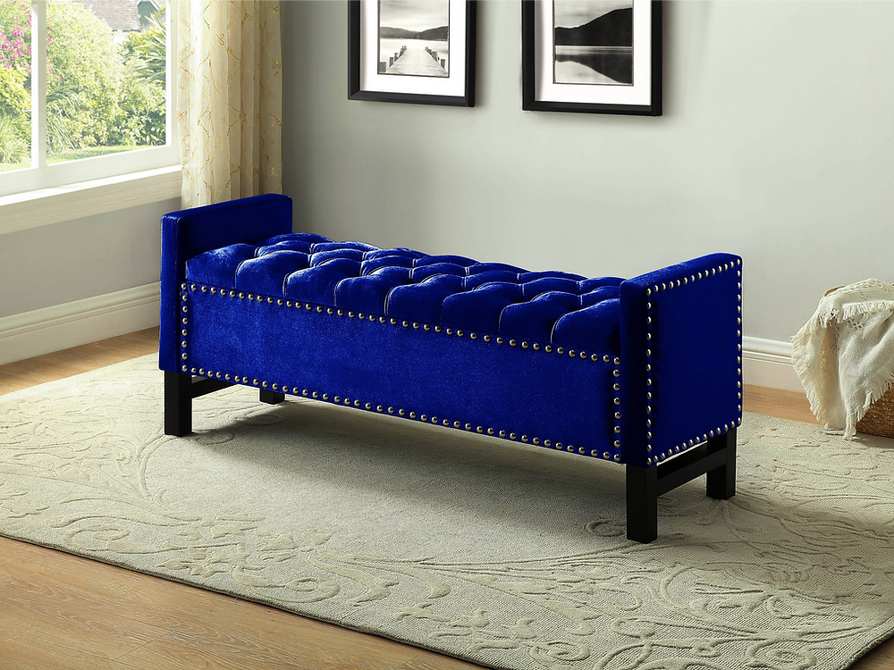 Blue Fabric Studded Storage Bench