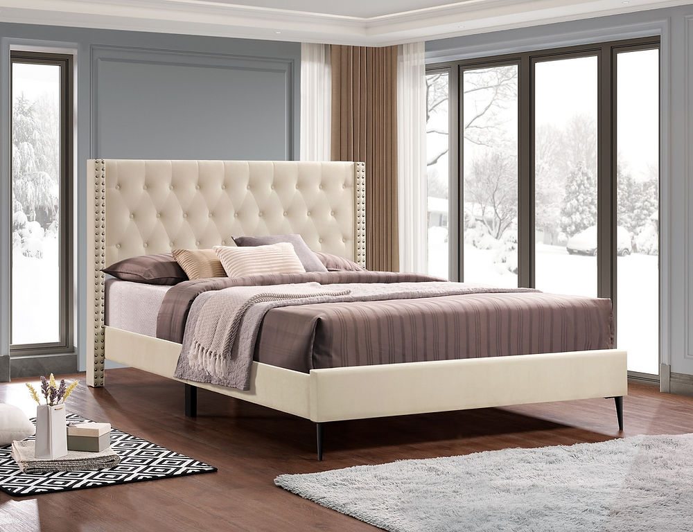 Transitional Style Bed,
Diamond Pattern Button Tufting, Wing Headboard,Chrome Nailhead Details,High Density,
Stiletto Black Metal Legs,in
Cream Velvet Fabric