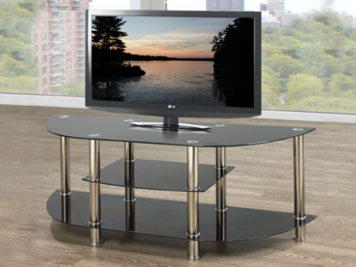 Black 2.5 Layer Half Moon Glass Top TV Stan with Chrome Legs