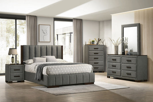 6 Pc Bedroom Set,Upholstered Vertical Pattern Headboard, 
Dark Grey Fabric with Brown Wood Accents, Solid Rubberwood Handles, Platform Bed (No Box Required)