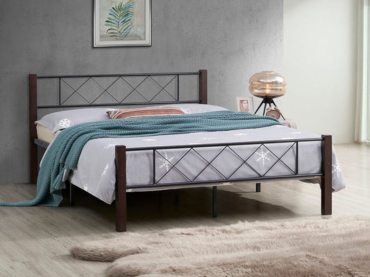 Black Steel Frame Wooden Post Bed in Espresso (2 Sizes)