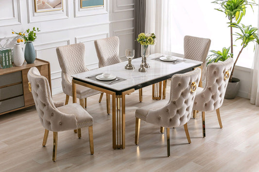 Lux Ceramic Table Top 7 PC Dining Set in Cream Gold