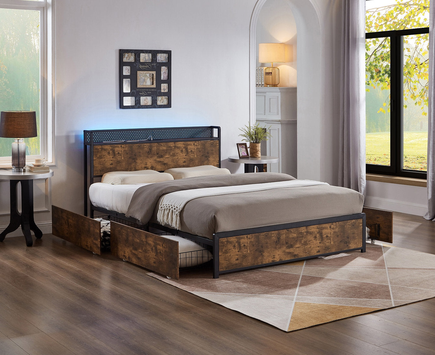 Modern Wood Grain Panels and Metal Frame Headboard Bed with Storage Ledge in DOUBLE & QUEEN