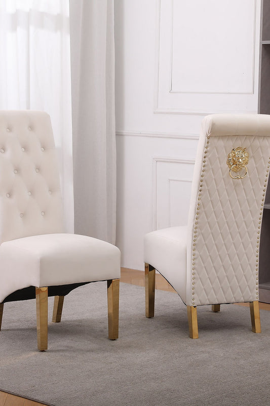 Cream Velvet Dining Chair with Diamond Pattern Stitching, Polished Gold Legs (SET OF 2)