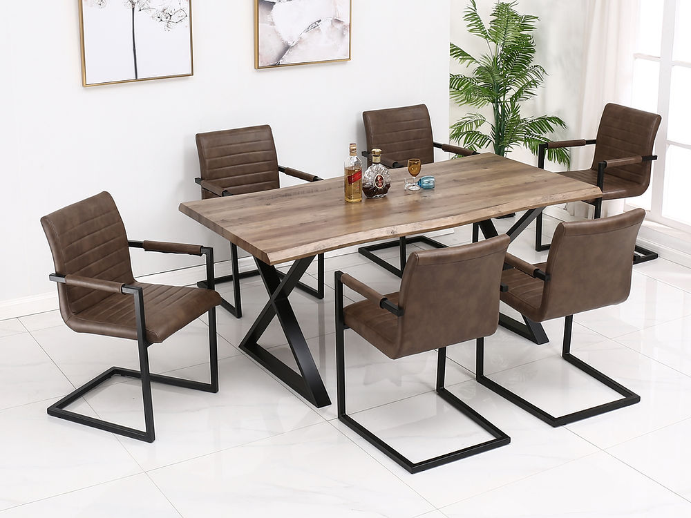 Faux Live Edge Wood Table with Black Metal X Shape Legs, Caramel Brown PU with Black Metal Legs 7 Pc Dinette Set