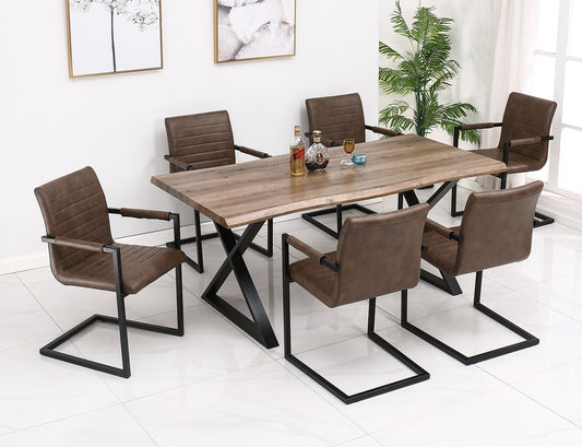 7pc Dinette Set.Faux Live Edge Wood Table with Black Metal X Shape Legs. Caramel Brown PU with Black Metal Legs