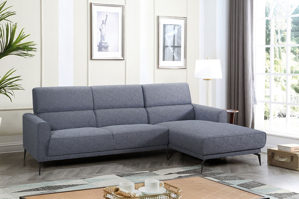 Grey Sofa Sectional Featuring Soft Fabric With Right Hand Facing Chaise and Sleek Metal Legs.