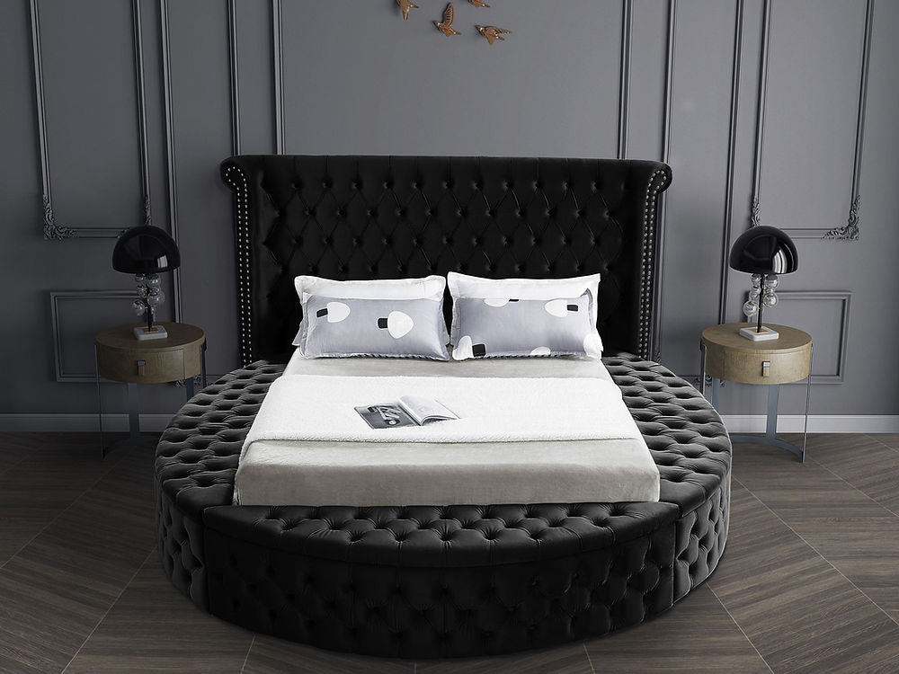 Black Velvet Fabric Bed with Deep Button Tufting and 3 Storage Benches (IN 2 SIZES)