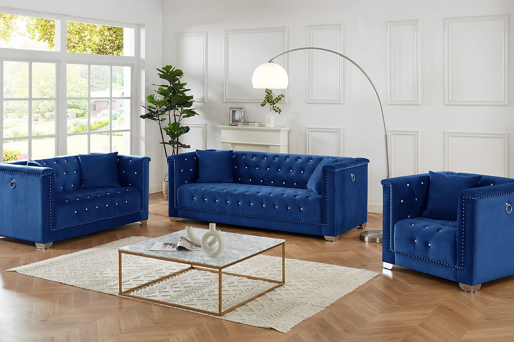 Blue Velvet With Deep Tufting and Nailhead Details, Chrome Legs, Accent Ring and Pillows.