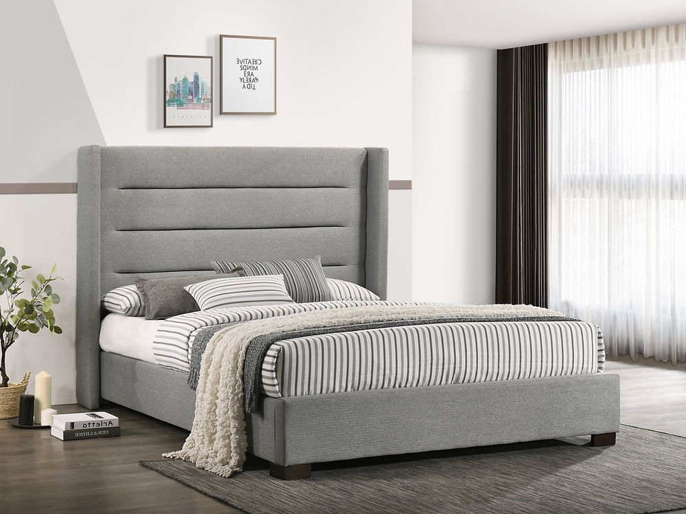 KING Grey Fabric Wing Bed with Horizontal Tufted Panels