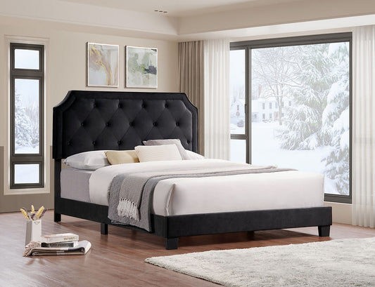 Transitional Style 
Diamond Pattern Button Tufting Headboard, Platform Bed, Includes Mattress Support,
Black Velvet Fabric