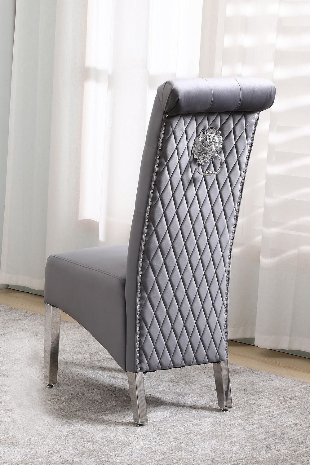 Grey Velvet Dining Chair with Diamond Pattern Stitching, Chrome Legs (SET OF 2)