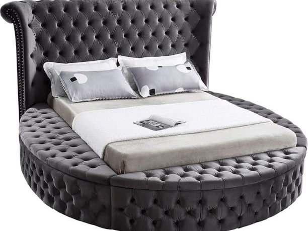 Grey Velvet Fabric Bed with Deep Button Tufting and 3 Storage Benches (IN 2 SIZES)