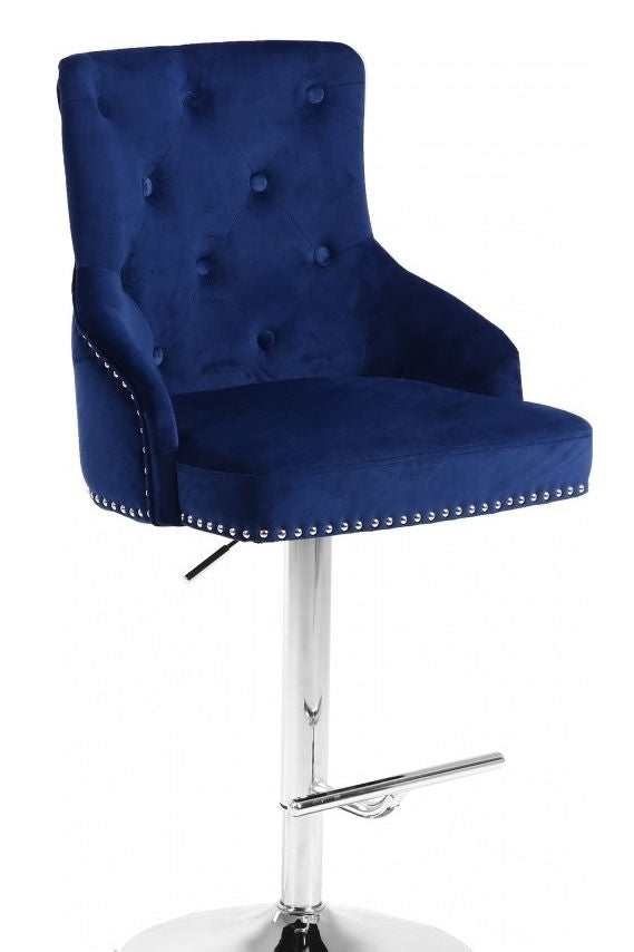 Blue Velvet Bar Stool with Deep Tufting, Polished Chrome Base, Nail Head Details. Adjustable Height from 42"-50" (1 PC)