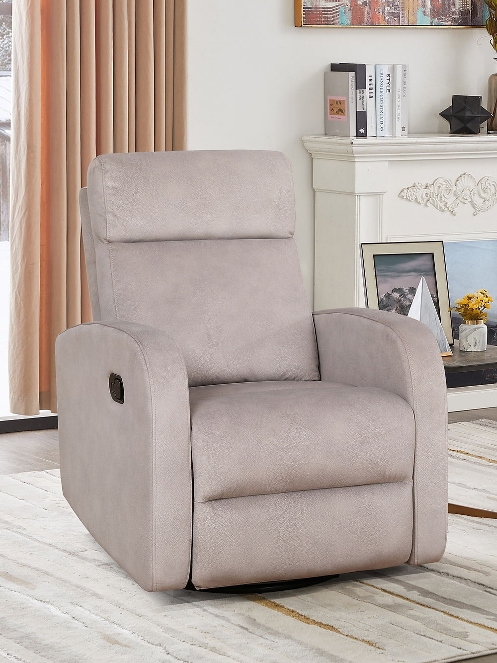 Recliner Chair with Pull Handle
Features Soft Charcoal Fabric 
Swivel Glider Mechanism
Zero Wallhugger. Soft Latte