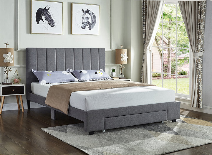 Grey Fabric Bed with Padded Headboard and Storage Drawer