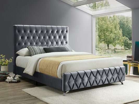 Grey Velvet Bed with Diamond Pattern Button Details and Chrome Legs