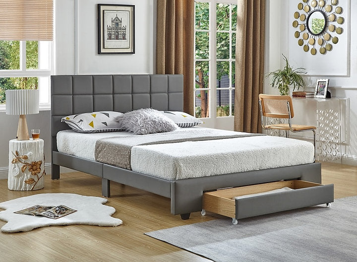 Grey PU Bed with a Square Pattern Tufted Headboard (Bed in a Box)