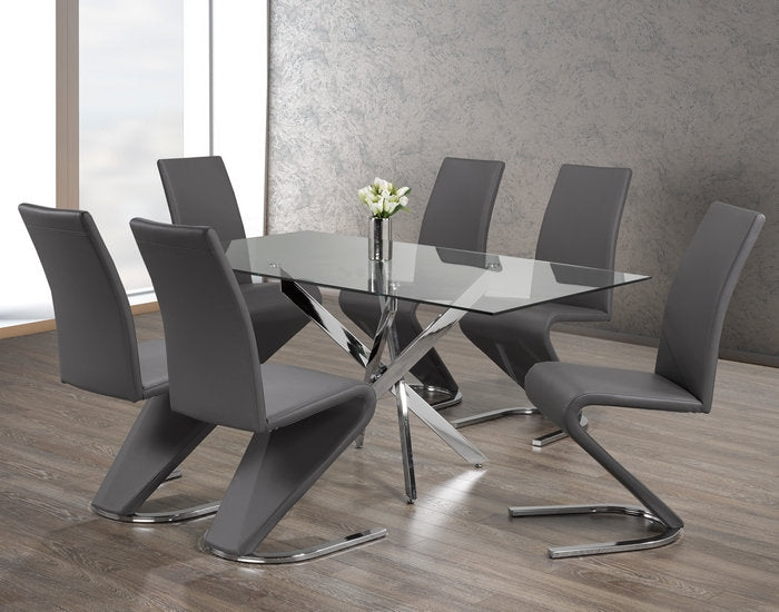 7 PC Dining Set Tempered Clear Glass with Chrome Legs, Upholstered Grey ‘Z’ Shaped With Chrome Legs