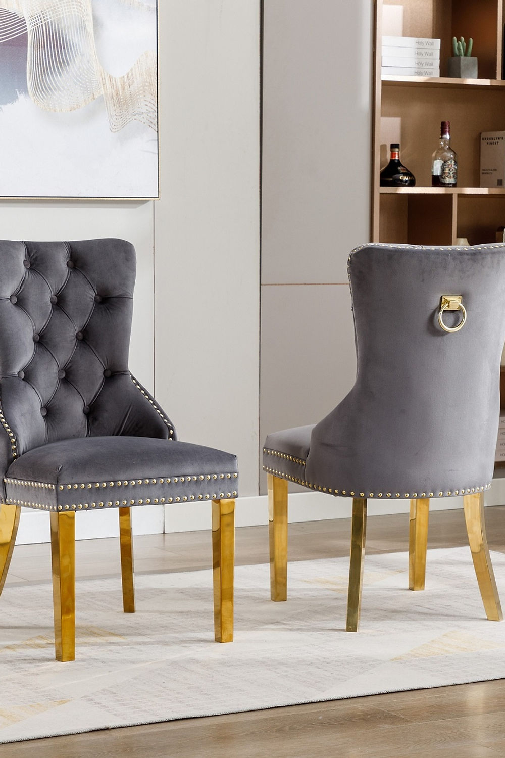 Grey Velvet Tuffed Dining or Accent Chair, with Gold leg. SET OF 2