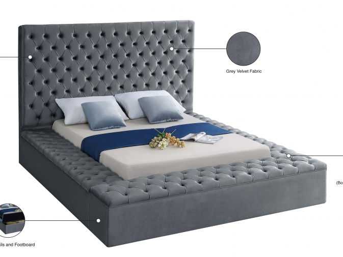 Deep Button Tufting Headboard
Platform Bed, 3 Large Storages (2x Side Benches x 1 Front Bench),Grey Velvet Fabric,
16" Footboard and 16" Sideboard Height