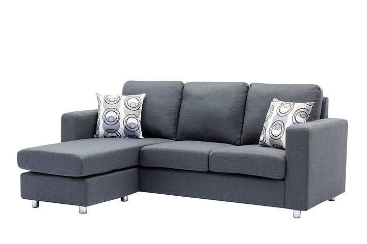 Grey Fabric Sofa, Reversible Chaise Lounge With Chrome Legs and Accent Pillows