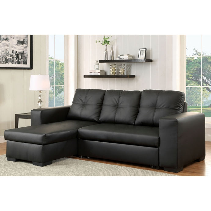 Sofabed Sectional With a Large Lift up Storage Compartment.  Reversible Left or Right Hand Chaise.  Black PU.