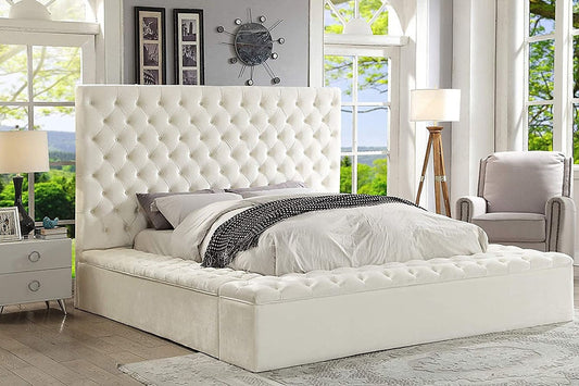 Cream Platform Bed with 3 Large Storages (2x Side Benches x 1 Front Bench), Deep Button Tufting Headboard